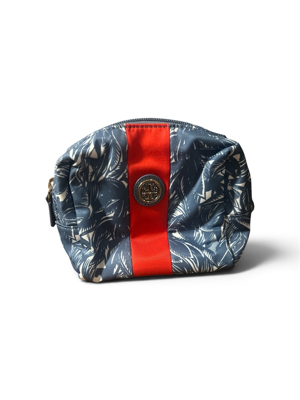 Tory Burch Navy Leaf Print Cosmetic Pouch with Red Center Stripe